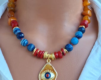 Agate Coral Necklace, Gold Evil Eye Charm, Statement Jewelry