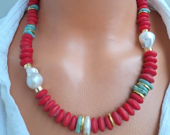 Matte Red Glass Beaded Halskette mit Barock Perle, Handgemachter Schmuck, Geschenk für Sie