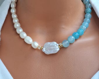 Collar de ágata azul y perla barroca, detalles de circonita, joyería llamativa, regalo para ella