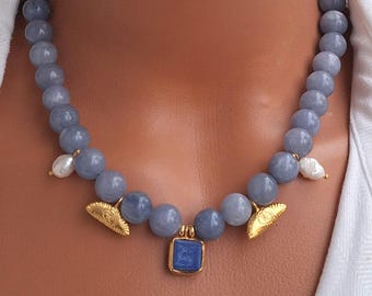Collar de ágata azul, joyería llamativa de oro con perla barroca, regalo para ella