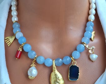 Collar de ágata azul y perla barroca, joyería con dijes de piedras preciosas, regalo para ella