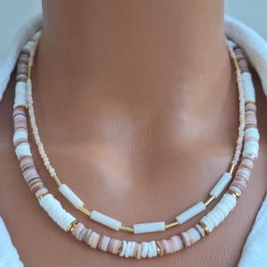 Christine Minimal Mother of Pearl Necklace, Two Rows Powder and White Washer Mother of Pearl Jewelry, Handmade Necklace, Mother&#39;s Day Gift