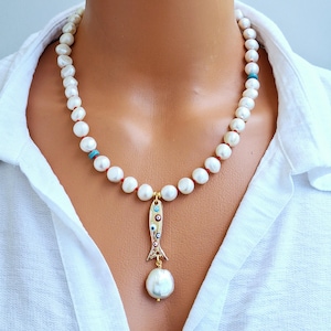 Nereida Baroque Pearl Necklace with Evil Eye Fish Charm, Gold Plated Pendant, Turquoise Accents, Handmade Jewelry, Gift for Her