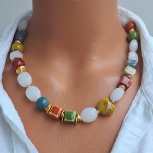 Esencia Handmade Ceramic Beaded Necklace: White Crystal Gold Plated Bohemian Jewelry