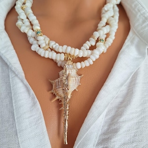 Conchita Mother of Pearl and Turquoise Necklace: Real Seashell Gold Plated Pendant, Handmade Jewelry