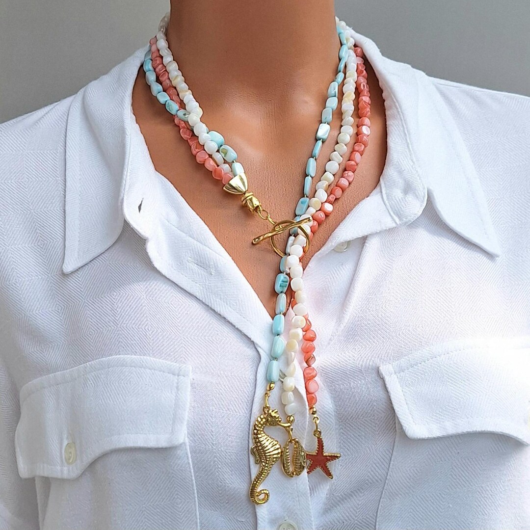 Mother of Pearl Multi Strand Necklace With Gold Plated Charm, Gift for ...
