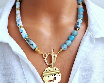 Blue Lace Agate Necklace, Gold T-Bar Clasp Medallion Charm, Statement Jewelry for Her