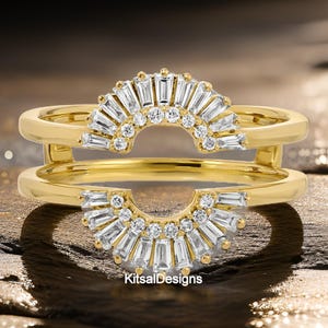 Unique Moissanite Enhancer Band, 5.10TCW Round & Tapper Baguette Cut Women Double Chevron Wedding Band, 14K Yellow Gold Curved Matching Band