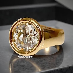 Flair Shank Wide Band Ring, 4.00CT Round Cut Moissanite Anniversary Ring, 14k Yellow Gold Ring, Bezel Setting Ring, Perfect Gift For Women&#39;s