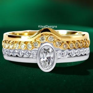 Bezel Set 6x4mm Oval Cut Moissanite Ring, With Matching Full Eternity Diamond Curved Band, 14K Two Tone Gold Bridal Ring Set, Proposal Ring