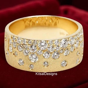 Scattered Diamond Stylish Cigar Band, Round Cut Moissanite Wedding Band, Flush Set Diamond Half Eternity Band, 14K Gold Matte Finish Band