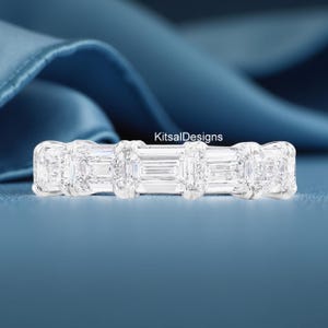 Horizontal 6x4 MM Emerald Cut Colorless Moissanite Wedding Band, Full Eternity Diamond Band, 18K White Gold Band, Gorgeous Stacking Band