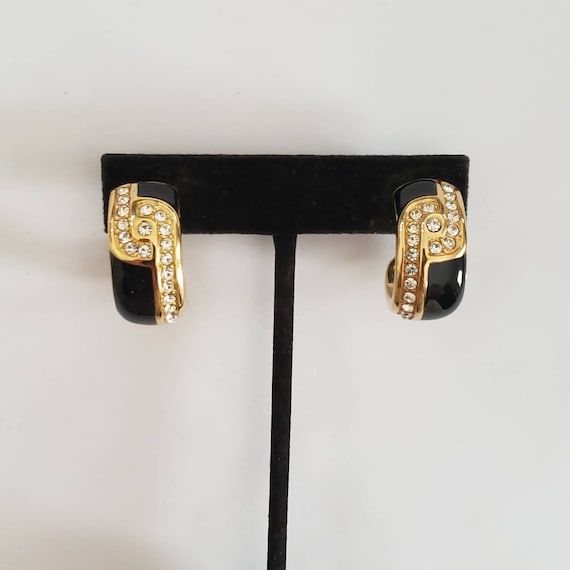 Earrings Designer Swarovski Enamel Black Clear Rh… - image 1