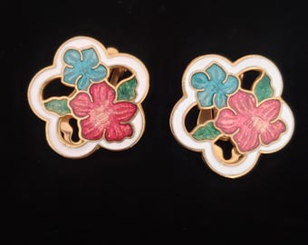 Earrings Cloisonne Enamel Flower Clip Retro Collectible Costume Jewelry