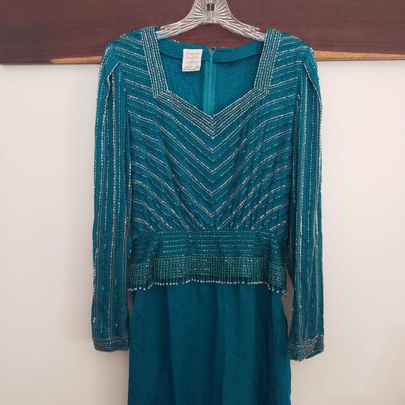 Francesca of Damon for Starington 100% Silk Dress Beaded Teal Blue Dress Size 4 Fun Designer Fashion
