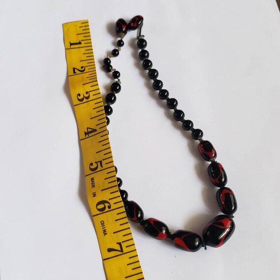 Vintage Necklace Art Glass Bead Black Red Swirl P… - image 4