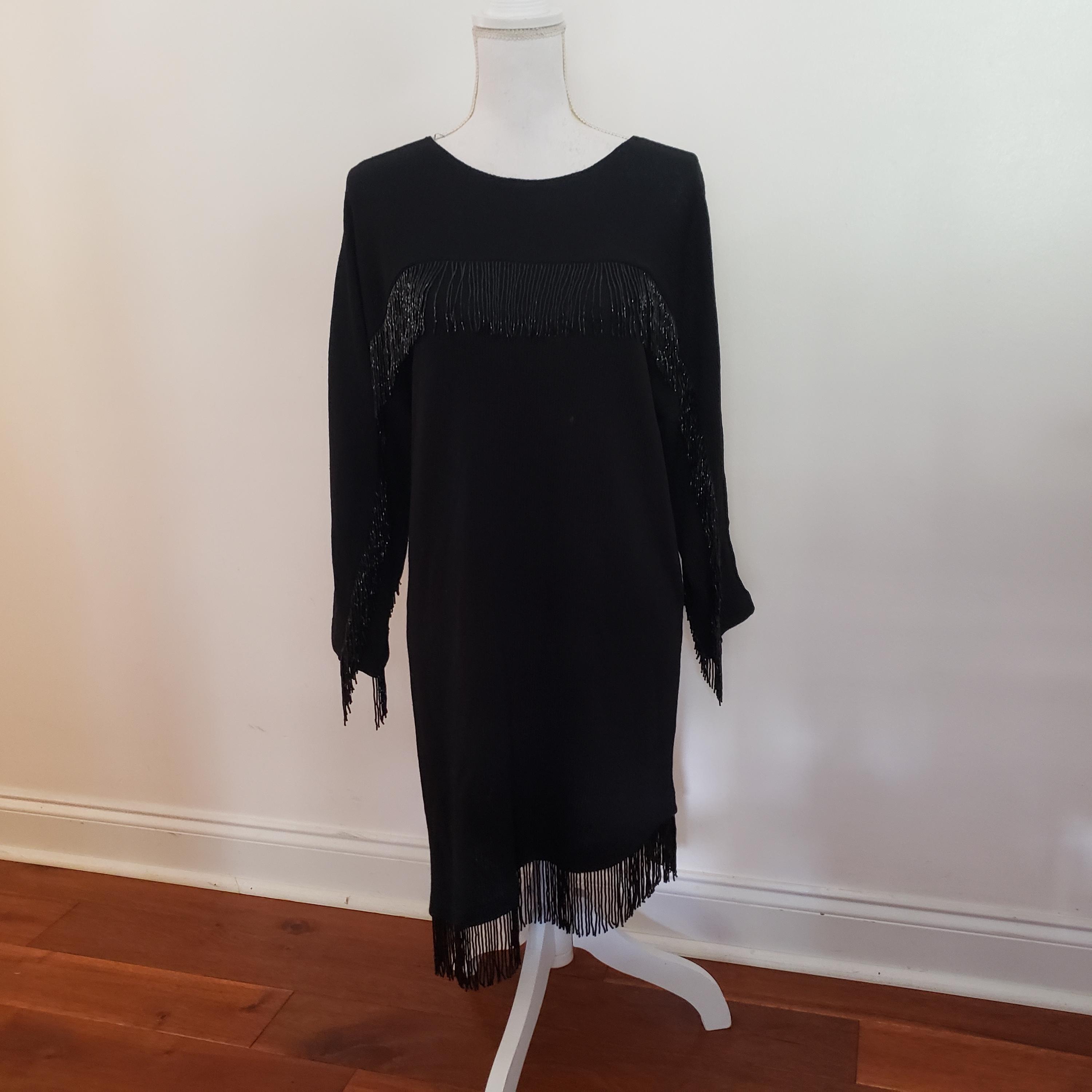 Helen Hsu Sweater Dress Beaded Black Tassel Dress Size S Small Fun Designer Fashion