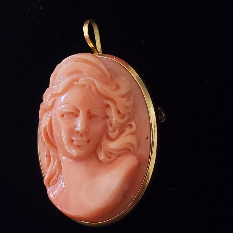 May include: Oval-shaped pendant featuring a carved coral cameo of a woman's profile. The cameo is set in a gold-colored frame with a loop at the top for a chain. The woman's face and hair are intricately detailed, with a soft, peach-colored hue.
