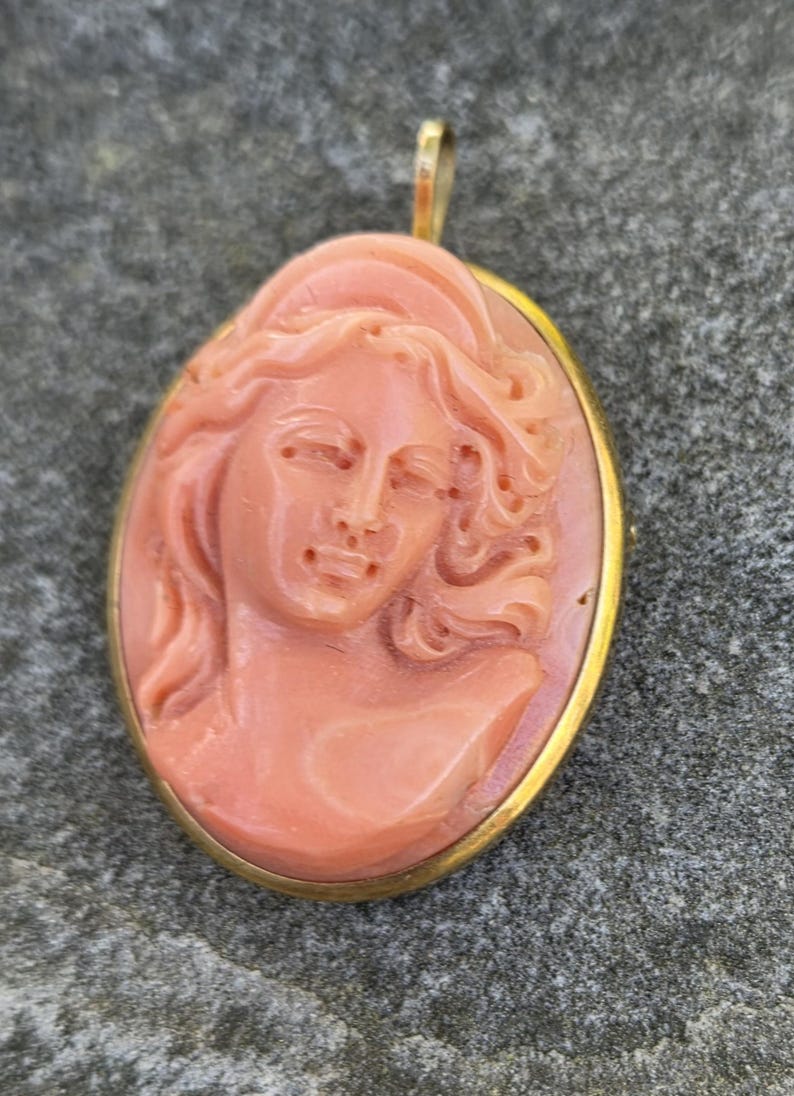 May include: Oval pendant with a carved cameo of a woman's profile in a light coral color. The cameo is set in a gold-colored frame with a small loop at the top for a chain. The background is a textured gray surface.