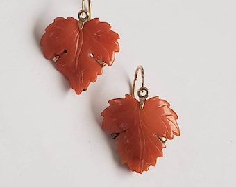 Antique Earrings Carved Coral 9ct. Yellow Gold Estate Jewelry Leaf Drop