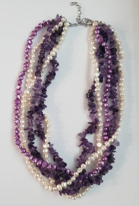 Necklace Multiple Strand Pearl Amethyst Purple Whi