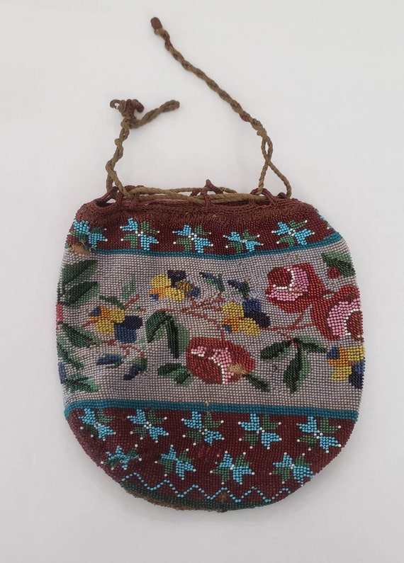 Antique Beaded Hand Bag Purse Floral Pattern Flow… - image 1