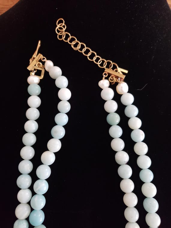 Necklace Blue Shell Double Strand Dangle Retro Co… - image 6