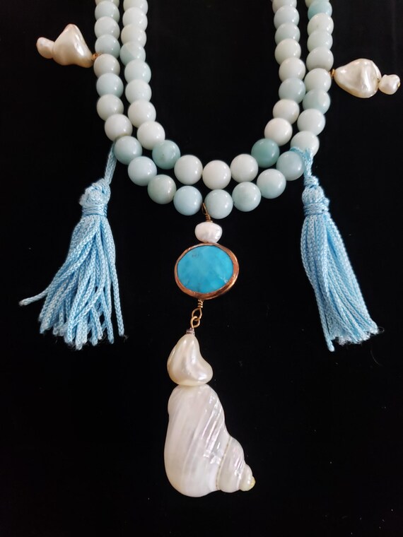 Necklace Blue Shell Double Strand Dangle Retro Co… - image 3