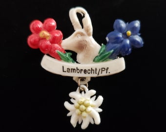 Vintage Brooch Plastic Deer Elk Animal with Flowers Dangle Retro Collectible Pin Souvenir