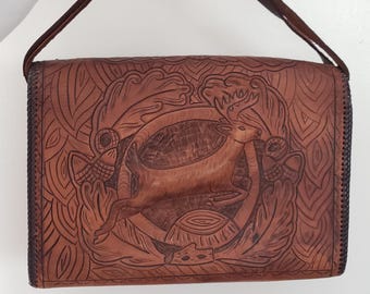 Leather Purse Deer Jumping Unique Early Collectible Purse Acorn Theme