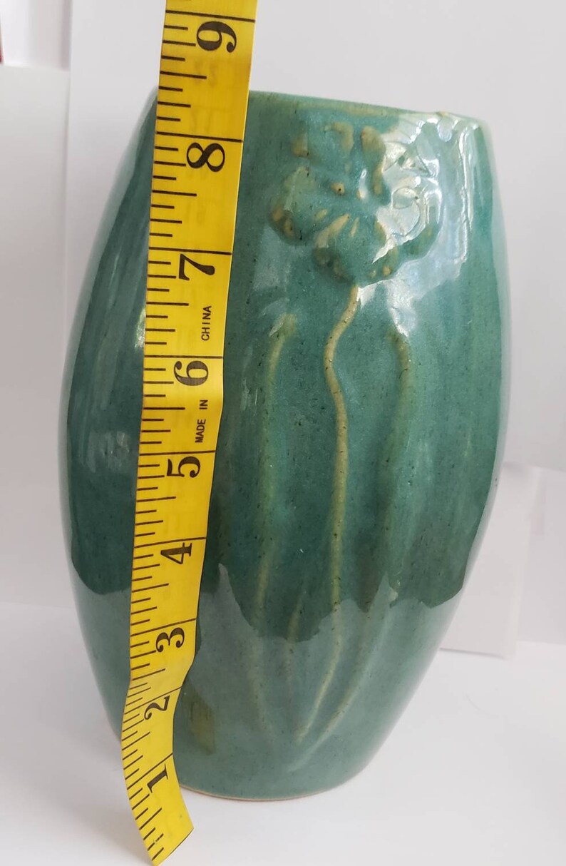 Vintage Pottery Vase Green Flower Floral Pattern Rare Retro Etsy