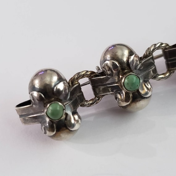 Vintage Brooch Sterling Silver Bar Pin Green Ston… - image 2