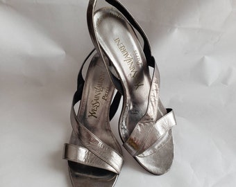 Vintage Shoes Designer Yves Saint Laurent Silver Heels Made in Italy Size 5 Medium Rare Fashion Collectible