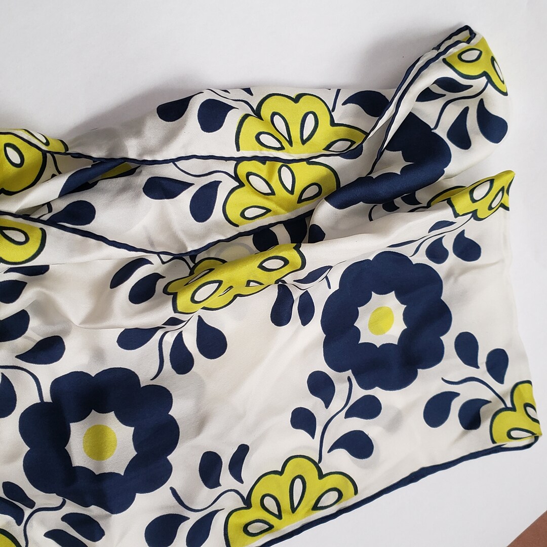 Foulard Carré Vintage Echo En Soie 100% - Motif Jaune, Rouge, Bleu - 50x50 Cm, Femme