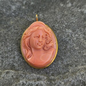 May include: Oval pendant with a carved coral cameo depicting a woman's profile. The cameo is set in a gold-colored metal frame. The woman's hair is styled in flowing waves, and the pendant has a small loop at the top for a chain.