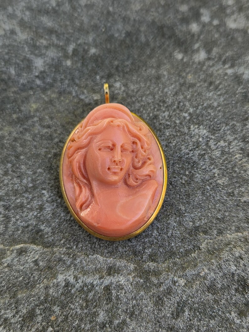 May include: Oval pendant with a carved coral cameo depicting a woman's profile. The cameo is set in a gold-colored metal frame. The woman's hair is styled in flowing waves, and the pendant has a small loop at the top for a chain.
