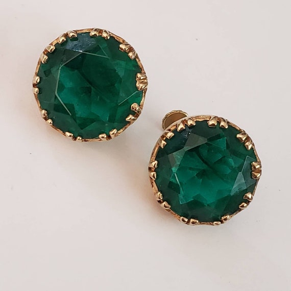 Vintage Earrings Green Gold Tone Marked Rare Retr… - image 2