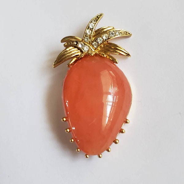 Vintage Brooch Peach Orange Fruit Look Center Rhinestone Sparkle Retro Collectible Pin Costume Jewelry