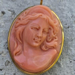 May include: Oval-shaped pendant featuring a carved cameo of a woman's profile in a soft coral hue. The cameo is set within a gold-toned frame, with a small loop at the top for a chain. The woman's hair is styled in flowing waves.