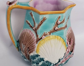 Antique Majolica Pitcher Shell Ocean Theme Designer Wedgewood Colorful Rare Collectible