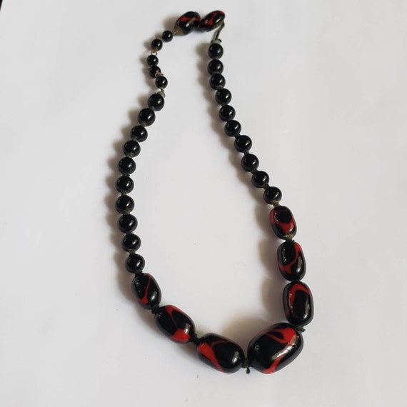 Vintage Necklace Art Glass Bead Black Red Swirl P… - image 3
