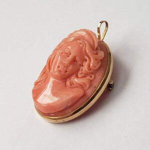May include: A vintage cameo pendant and brooch combination. The oval-shaped pendant features a carved coral profile of a woman with flowing hair, set in a gold-tone frame. The brooch has a pin on the back for secure wear.