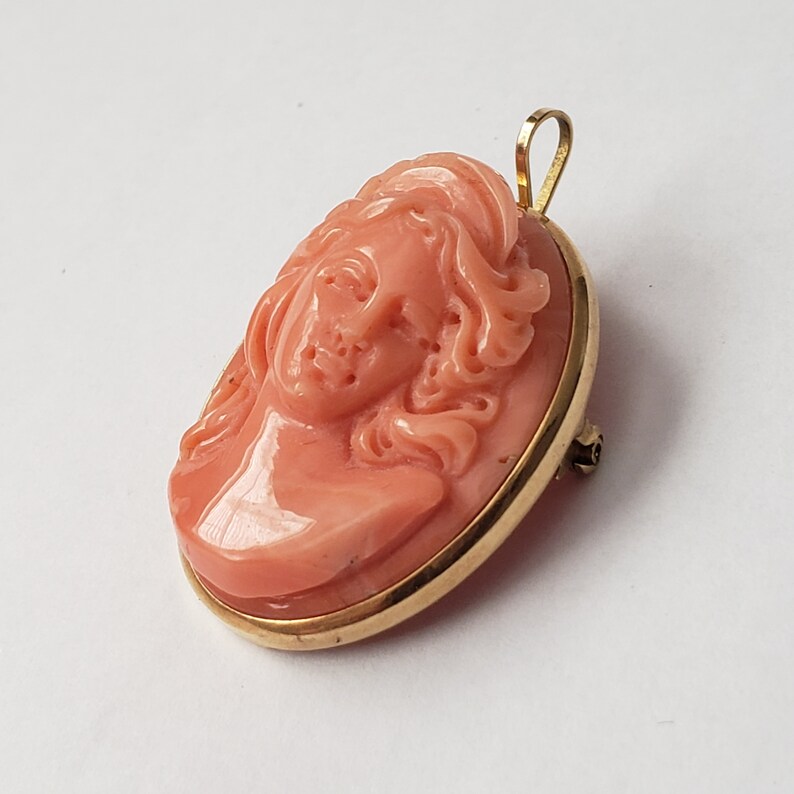 May include: A vintage cameo pendant and brooch combination. The oval-shaped pendant features a carved coral profile of a woman with flowing hair, set in a gold-tone frame. The brooch has a pin on the back for secure wear.