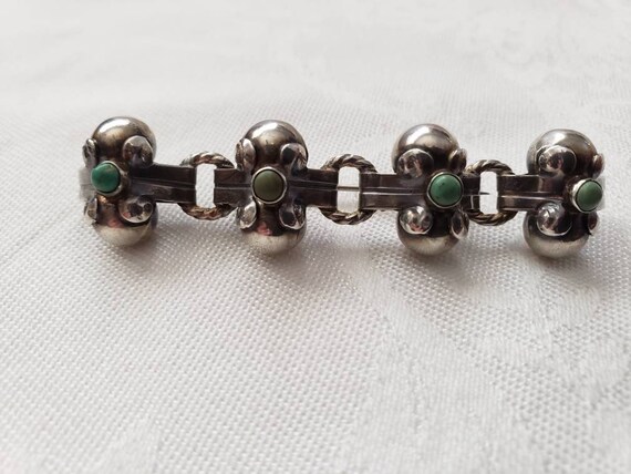 Vintage Brooch Sterling Silver Bar Pin Green Ston… - image 5