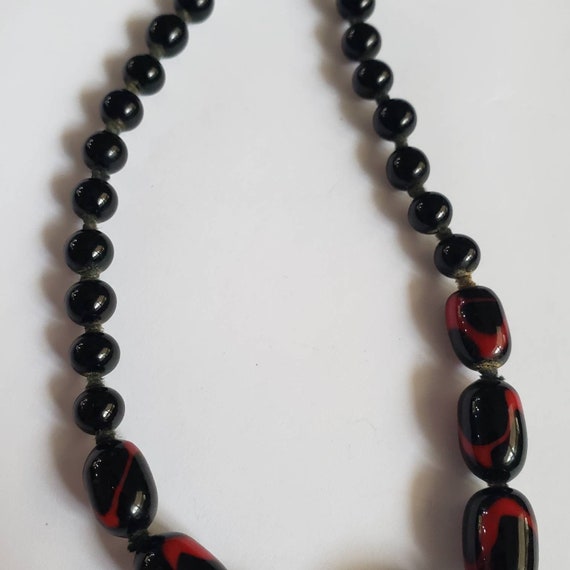 Vintage Necklace Art Glass Bead Black Red Swirl P… - image 7