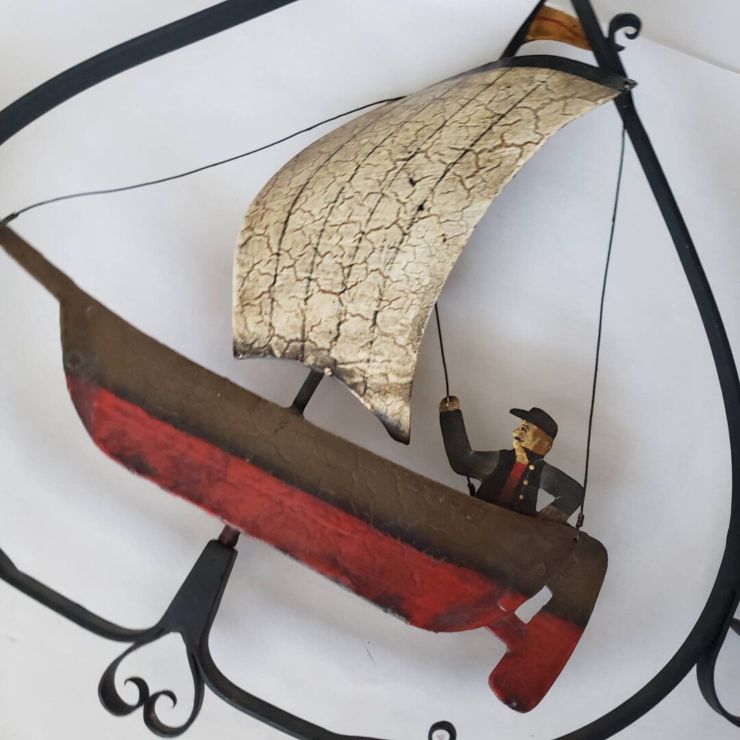 Vintage Hanging Candle Holder Man in Boat Retro Collectible Ceiling Art