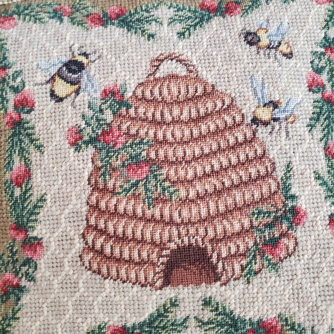 Vintage Needlepoint Pillow Bees Honey Bees Bee Hive Flower Colorful