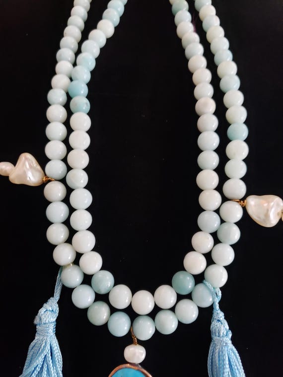 Necklace Blue Shell Double Strand Dangle Retro Co… - image 7