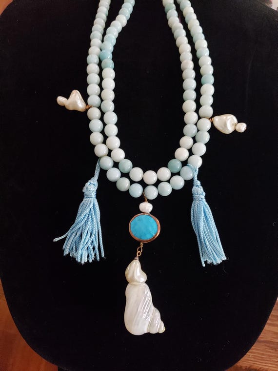 Necklace Blue Shell Double Strand Dangle Retro Co… - image 1