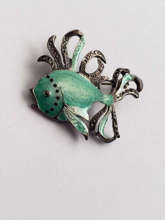 Vintage Brooch Fish Green Enamel Sterling Silver … - image 2